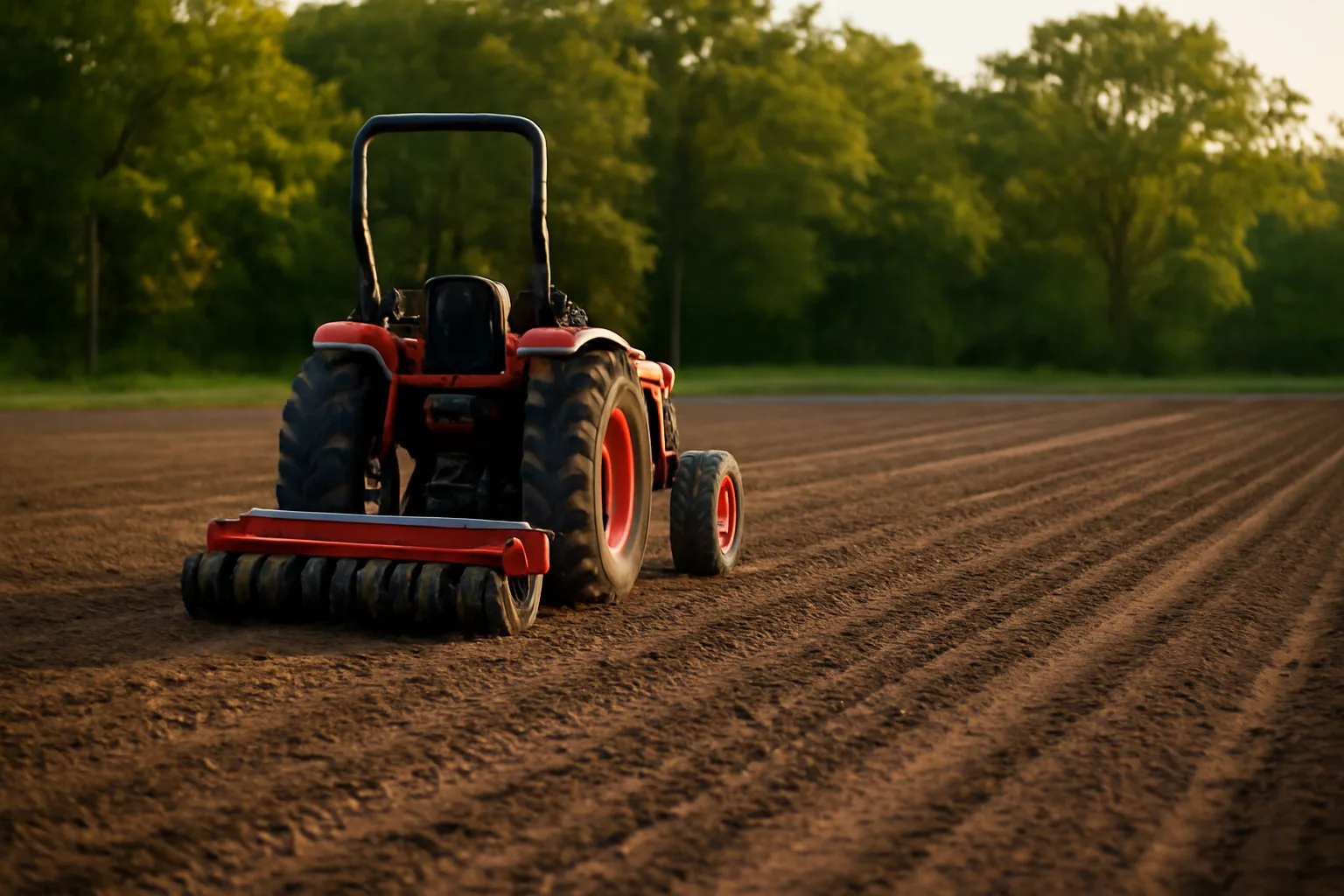 Compact tractor pulling a cultipacker seeder across a freshly tilled food plot clearing