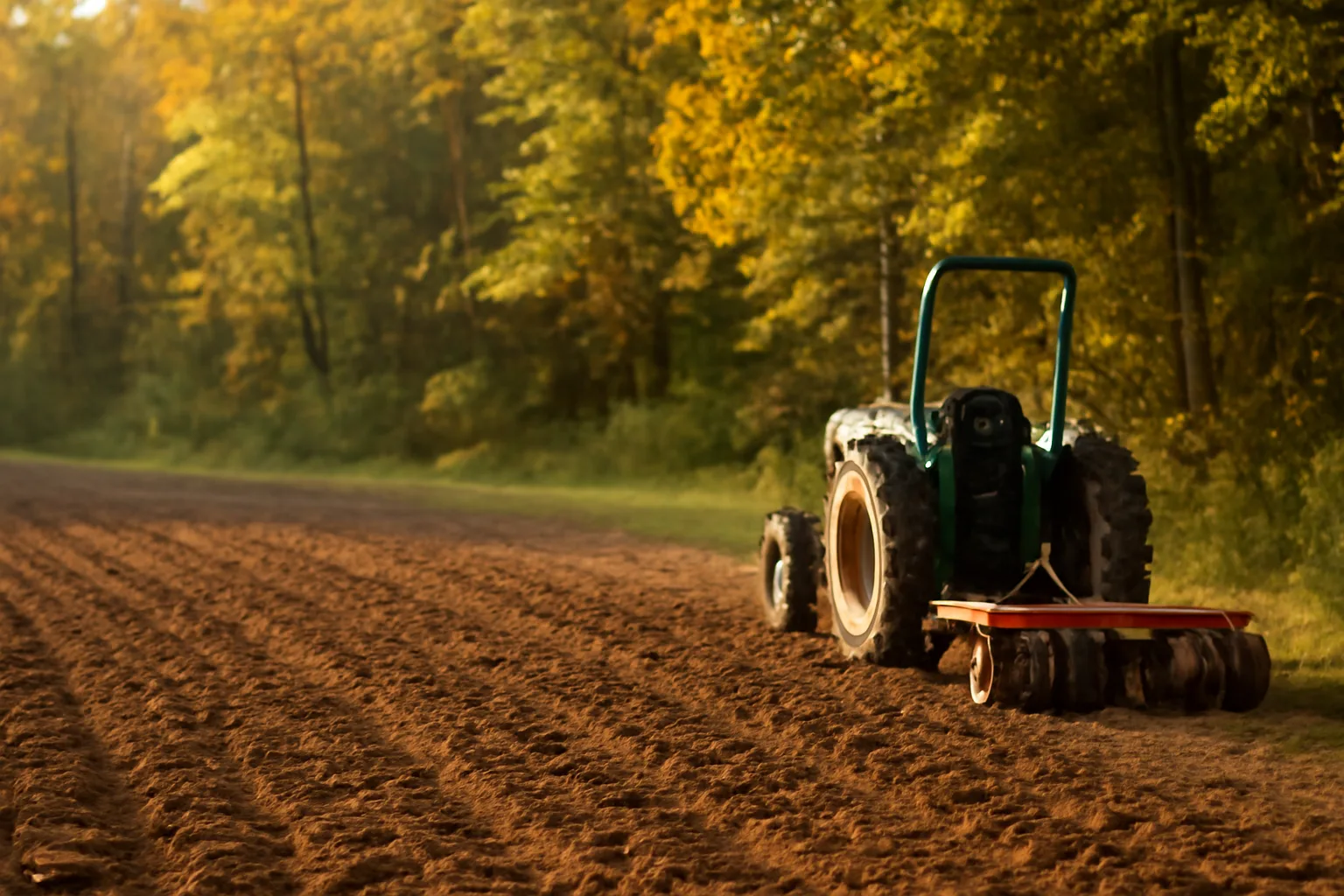 Tractor and disc harrow working a freshly tilled deer food plot at dusk