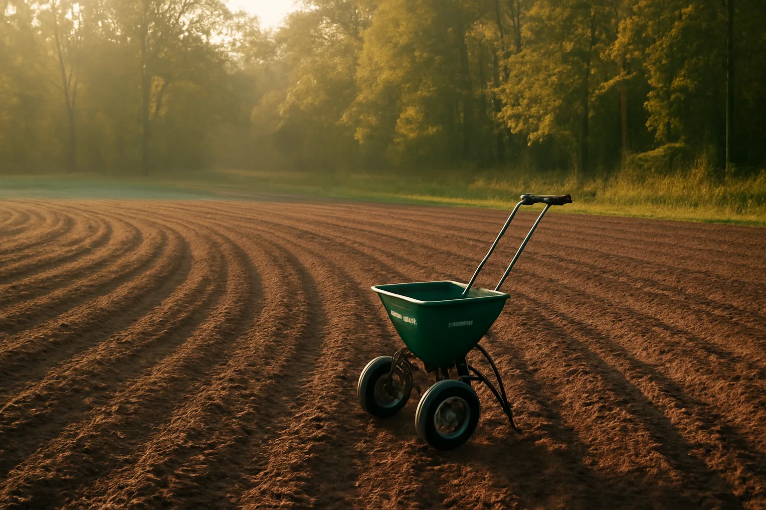 Freshly tilled food plot field bordering timber at sunrise