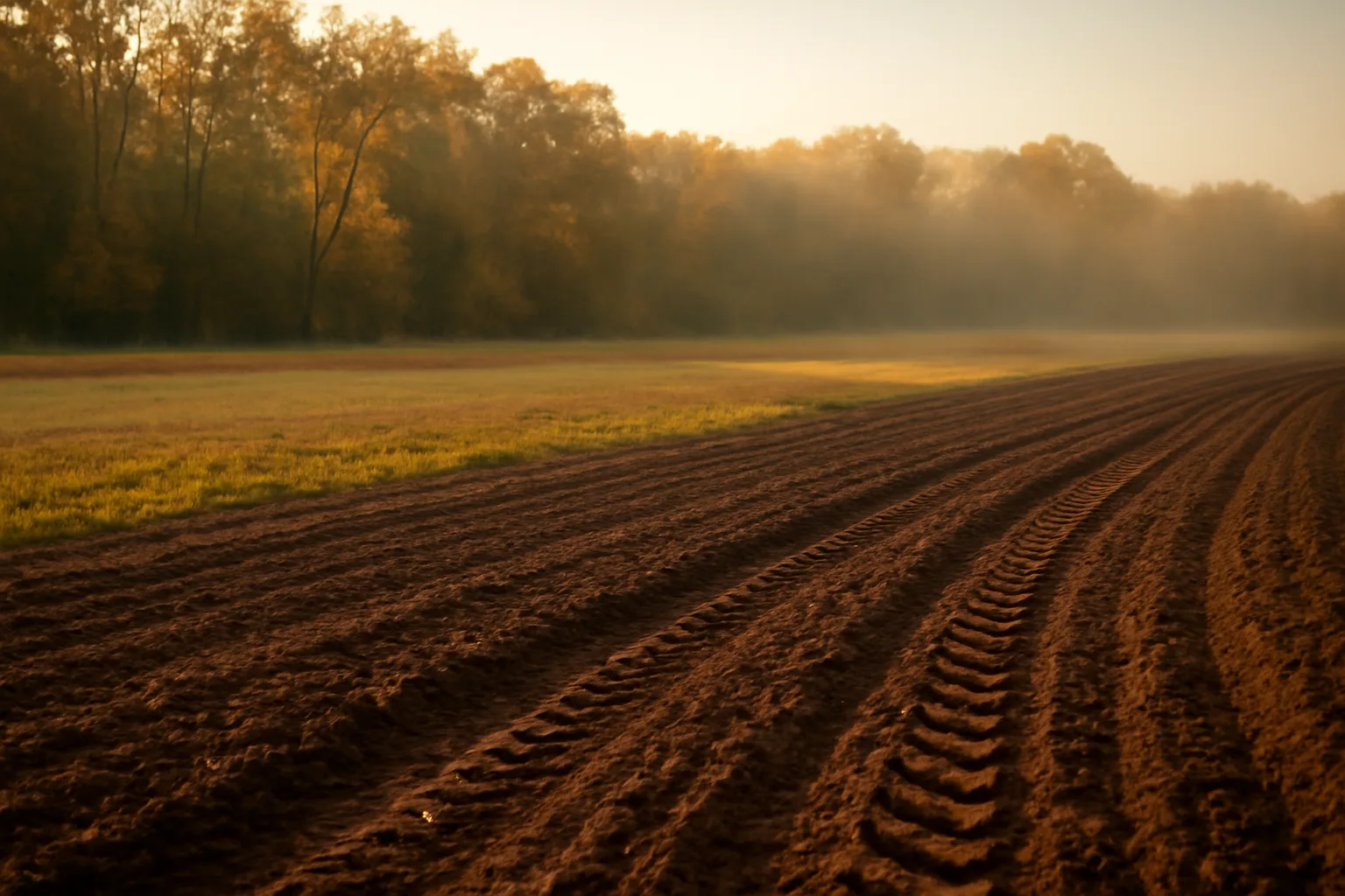 Freshly tilled food plot bordering autumn hardwoods at sunrise