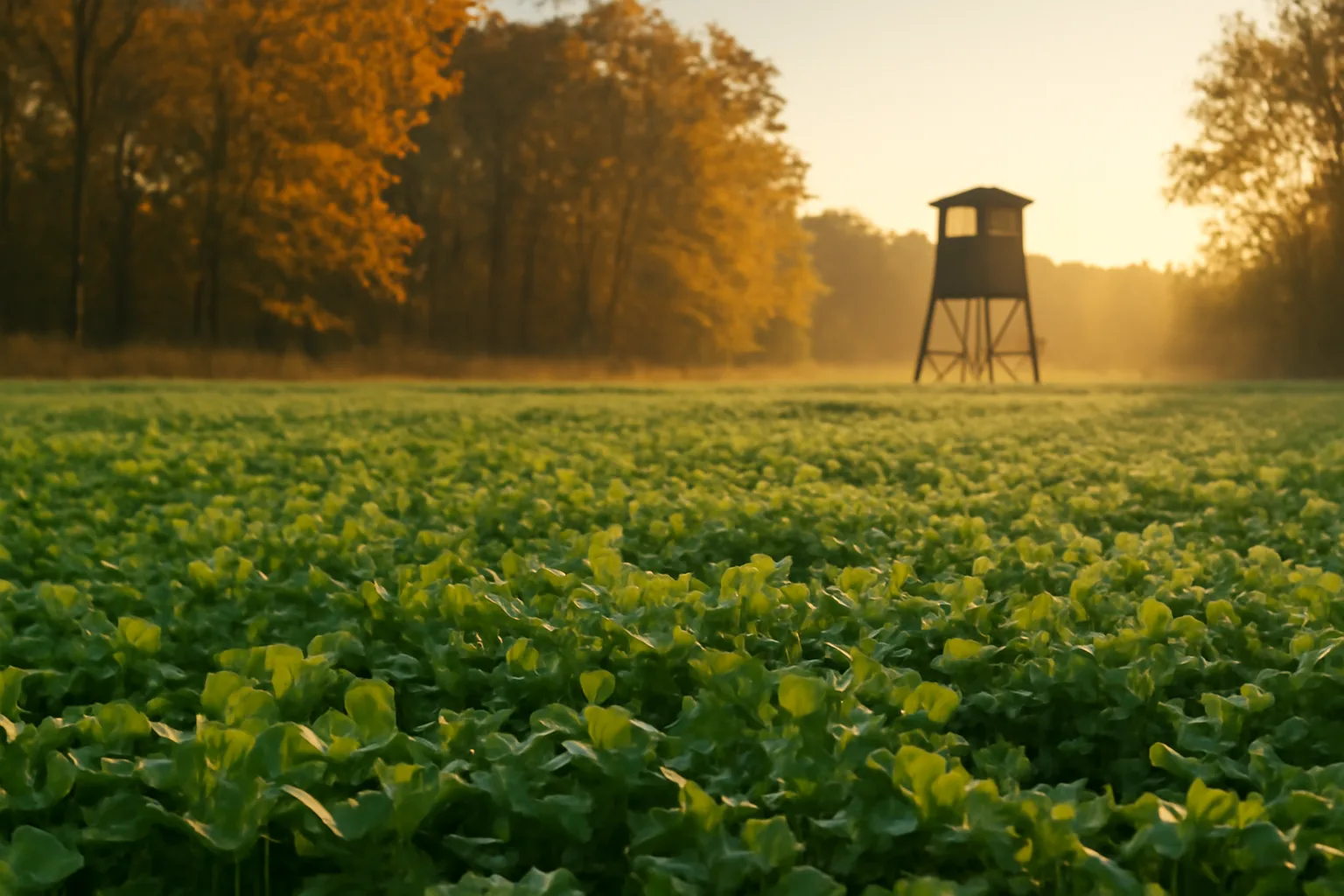 Sunlit clover food plot for deer bordered by autumn hardwood trees at dawn
