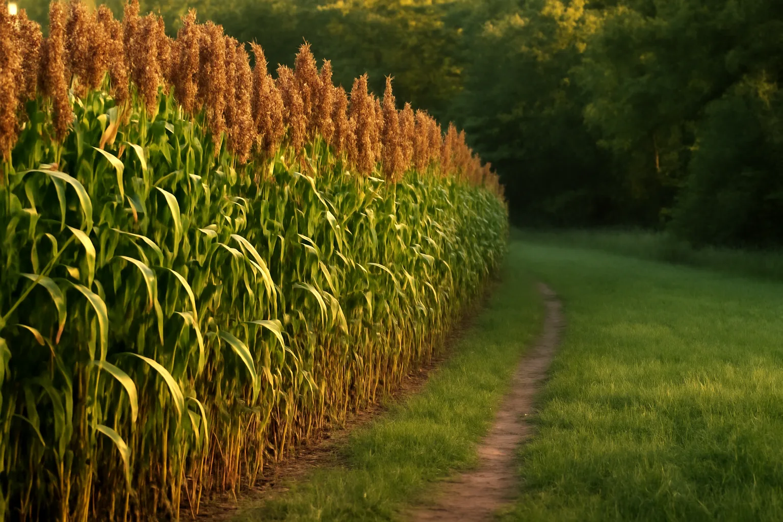 tall sorghum food plot screen bordering a green plot at dusk