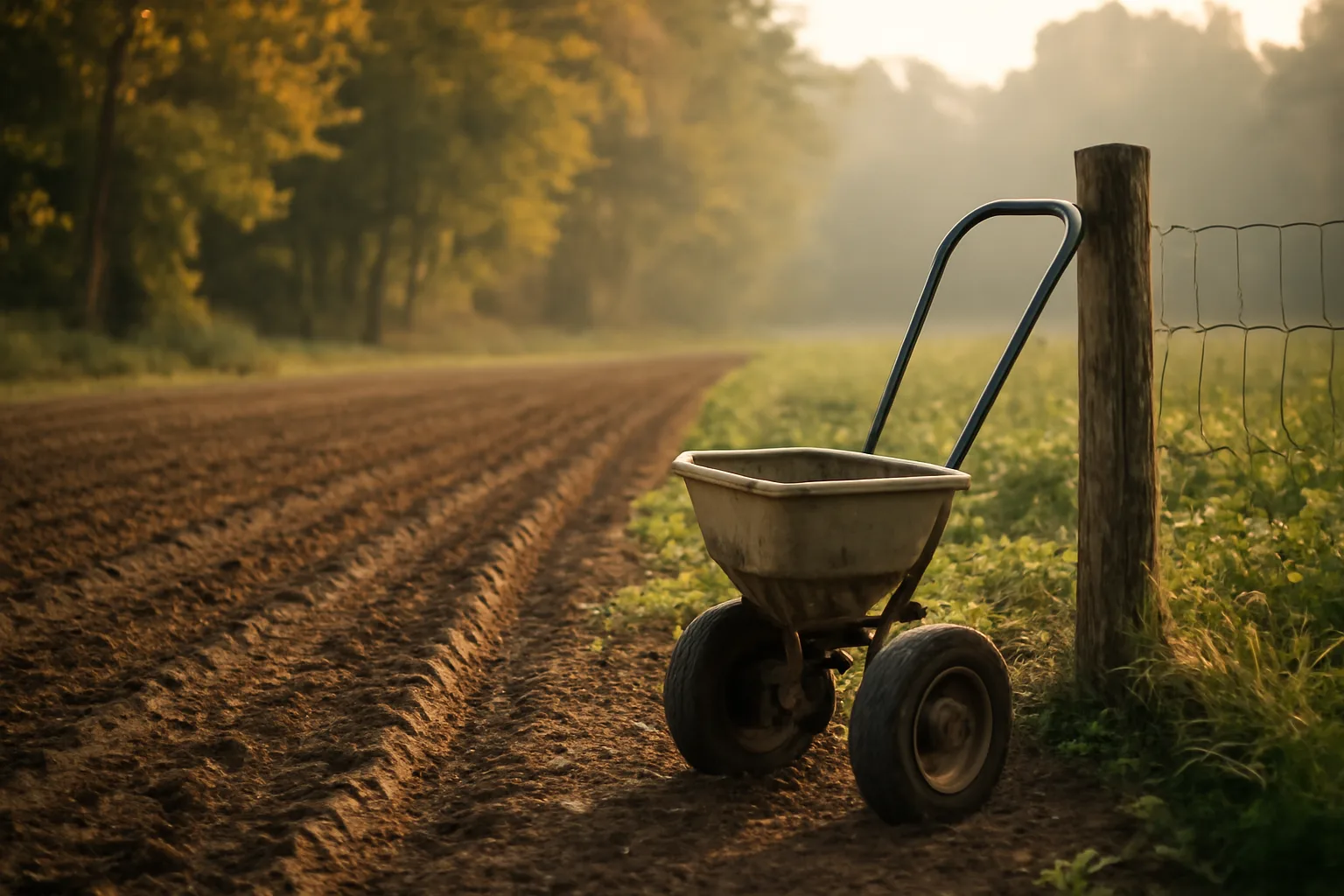 Tilled food plot field edge at dusk with a seed spreader resting against a fence post