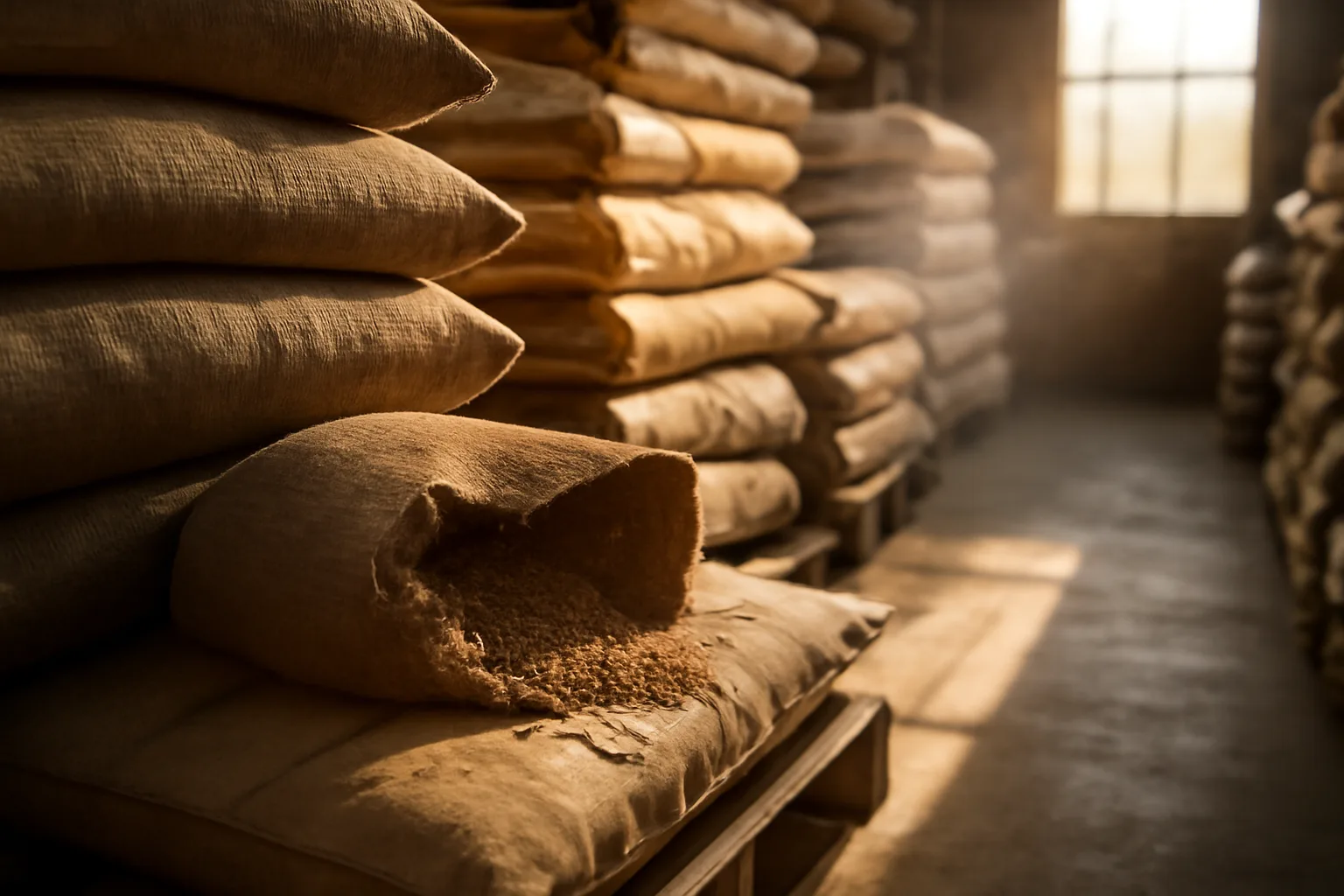 Stacked food plot seed bags on pallets in a farm store aisle