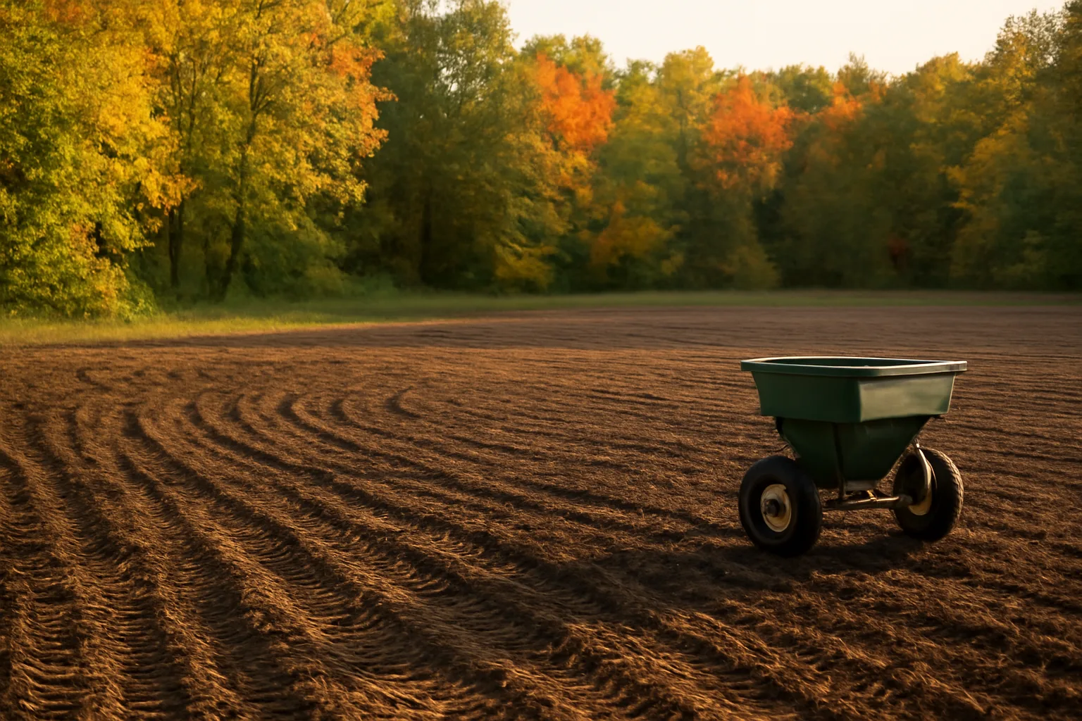 Freshly tilled fall food plot at the edge of hardwood timber in late afternoon light