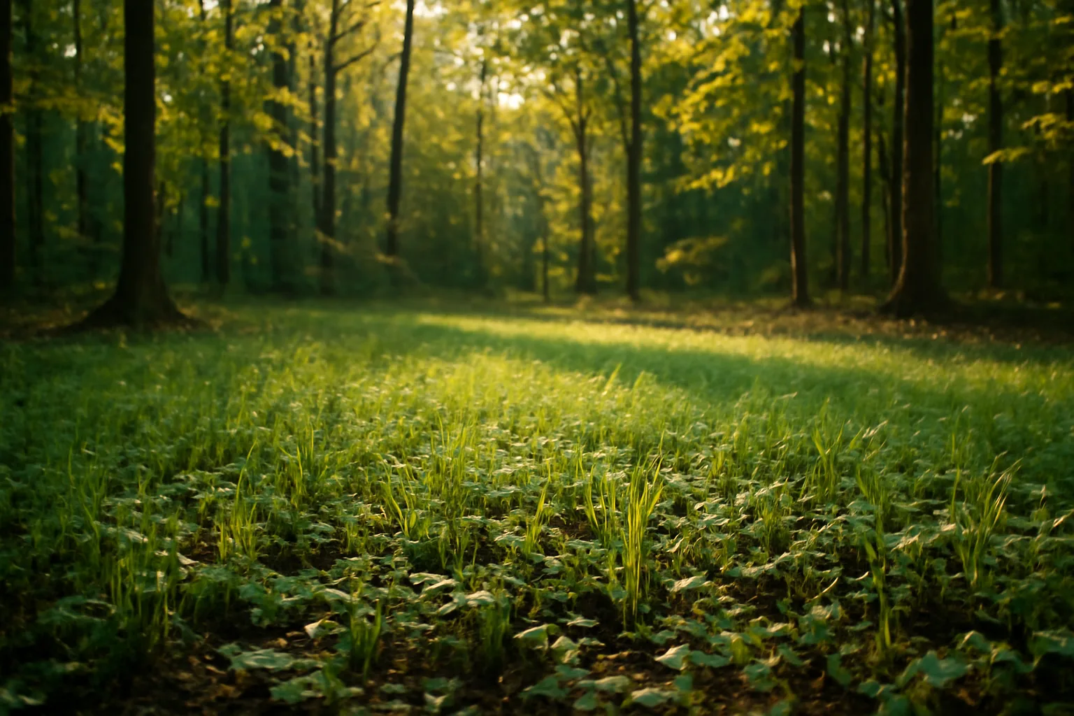 Shaded woodland food plot opening with dappled sunlight on young rye and clover seedlings