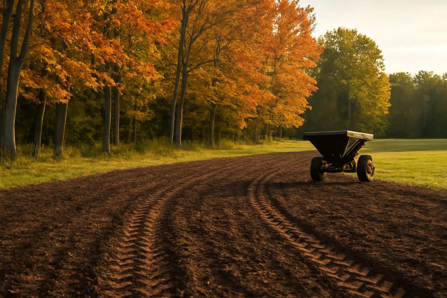 Freshly tilled food plot seed rows in a Michigan woodland clearing at golden hour