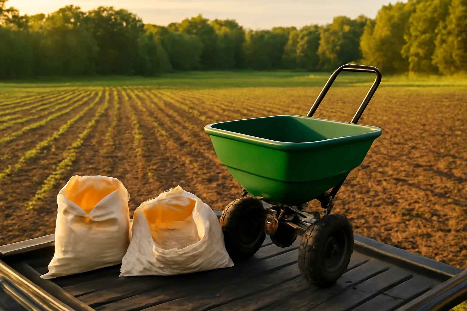 Seed bags and spreader beside a freshly planted deer food plot at dusk