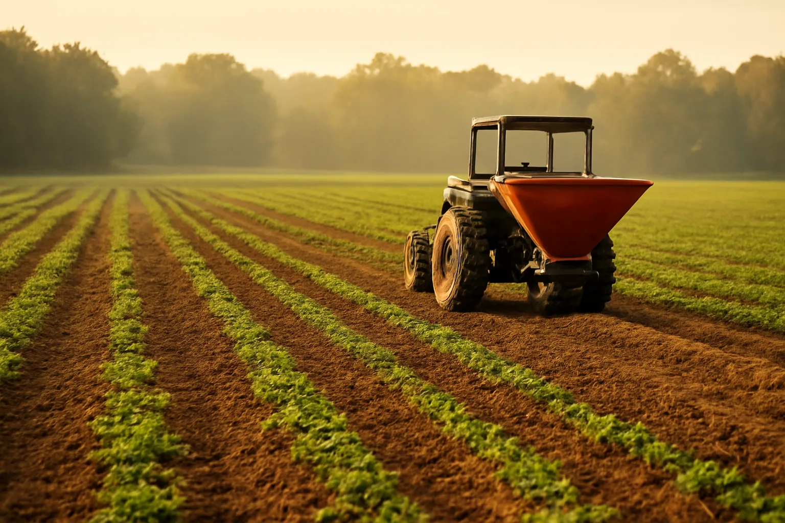 Tractor pulling a seed spreader across a partially planted deer food plot field