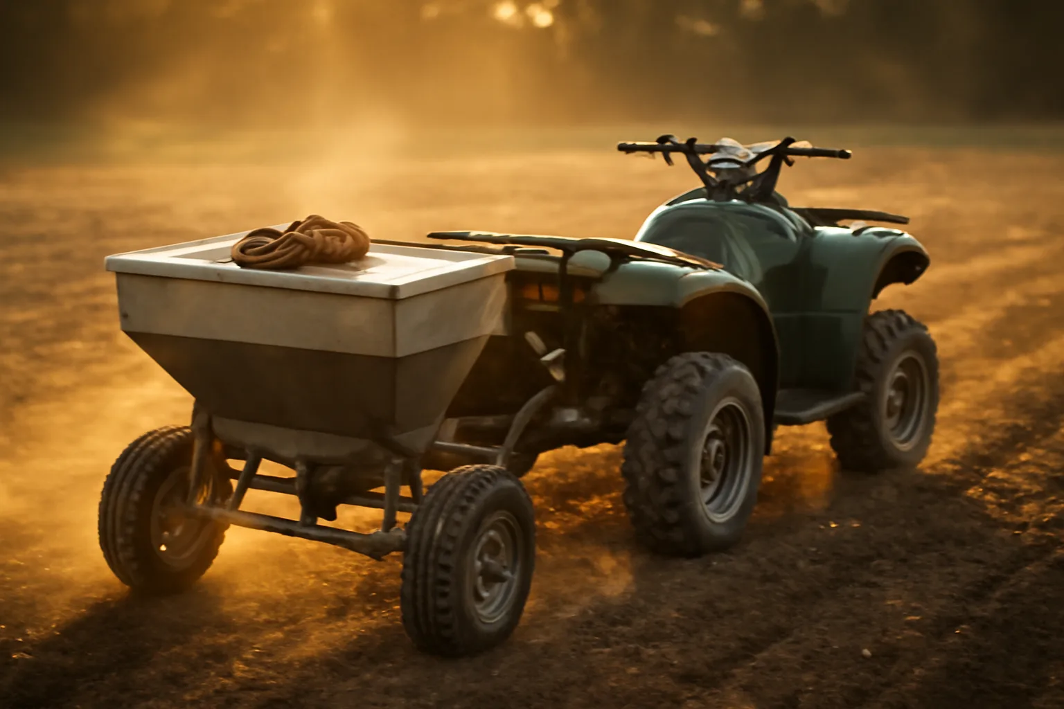 Tow-behind food plot seeder hitched to an ATV at edge of freshly worked soil