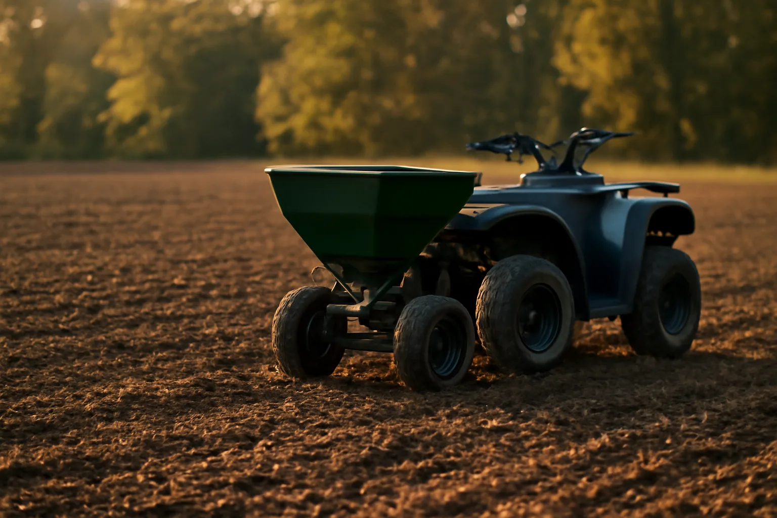 ATV mounted food plot seeder spreading seed over a freshly worked field