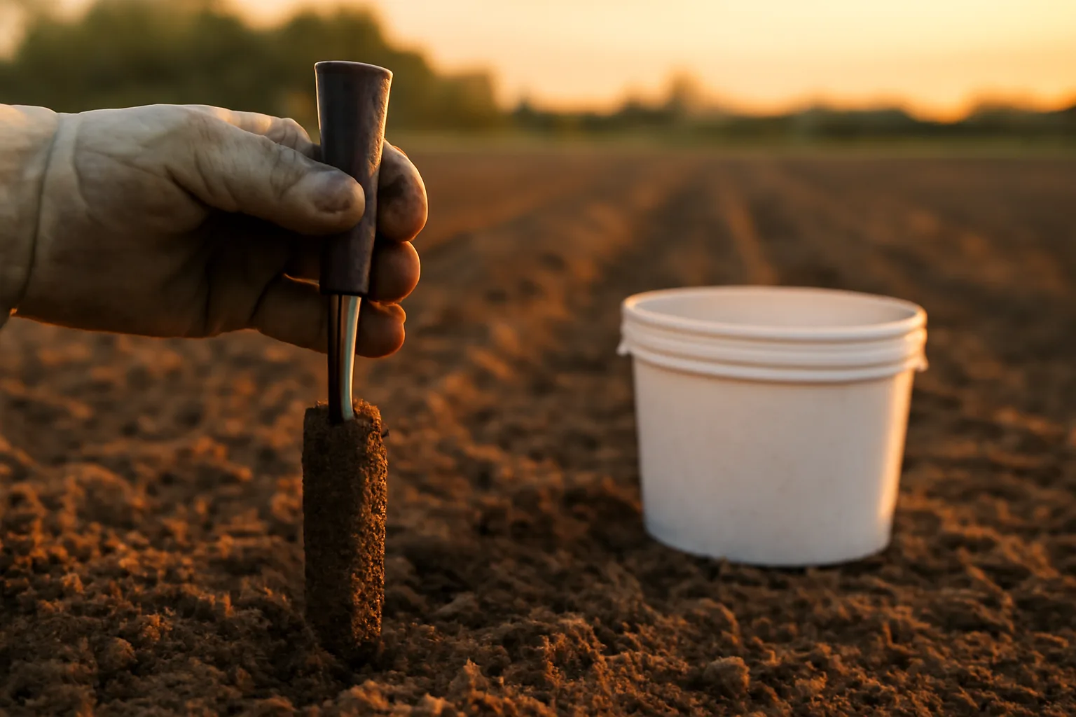 Hand holding a soil core sample above a tilled food plot field