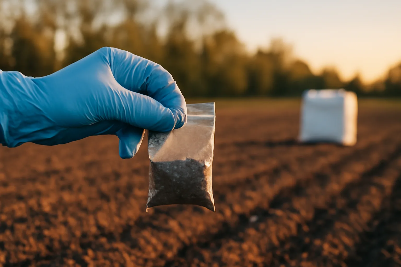 Hand holding a soil sample bag over a tilled food plot field