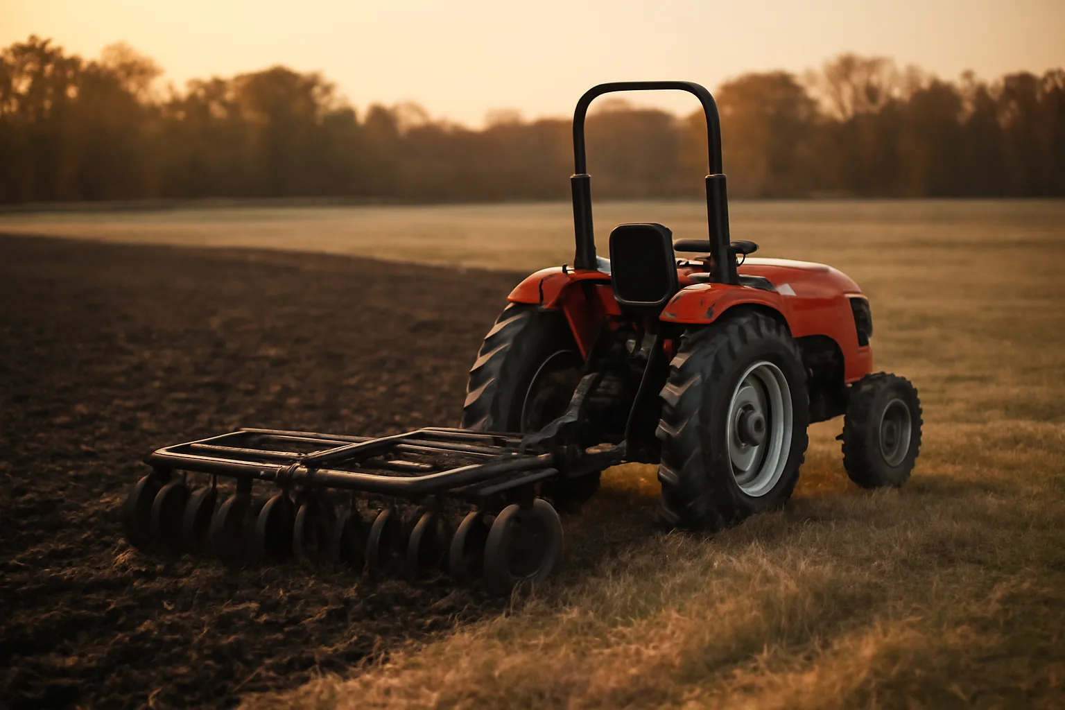 Compact food plot tractor pulling a disc harrow through freshly tilled field at sunset