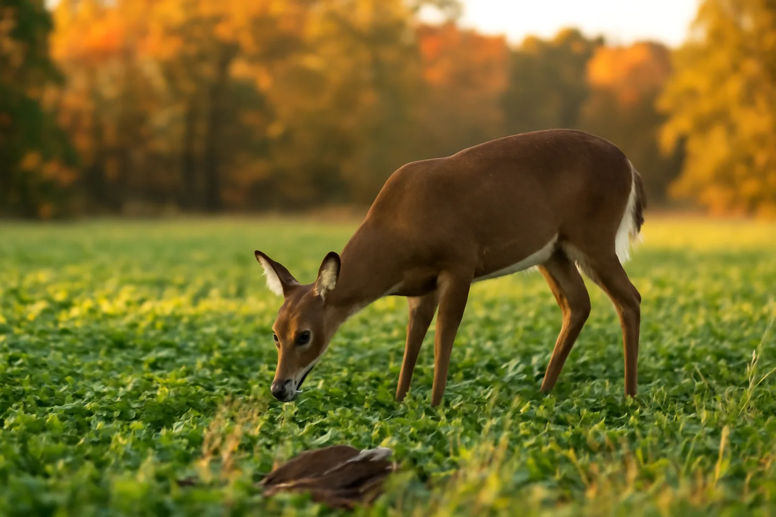 Deer grazing at edge of a clover food plot near turkey feathers and autumn woods