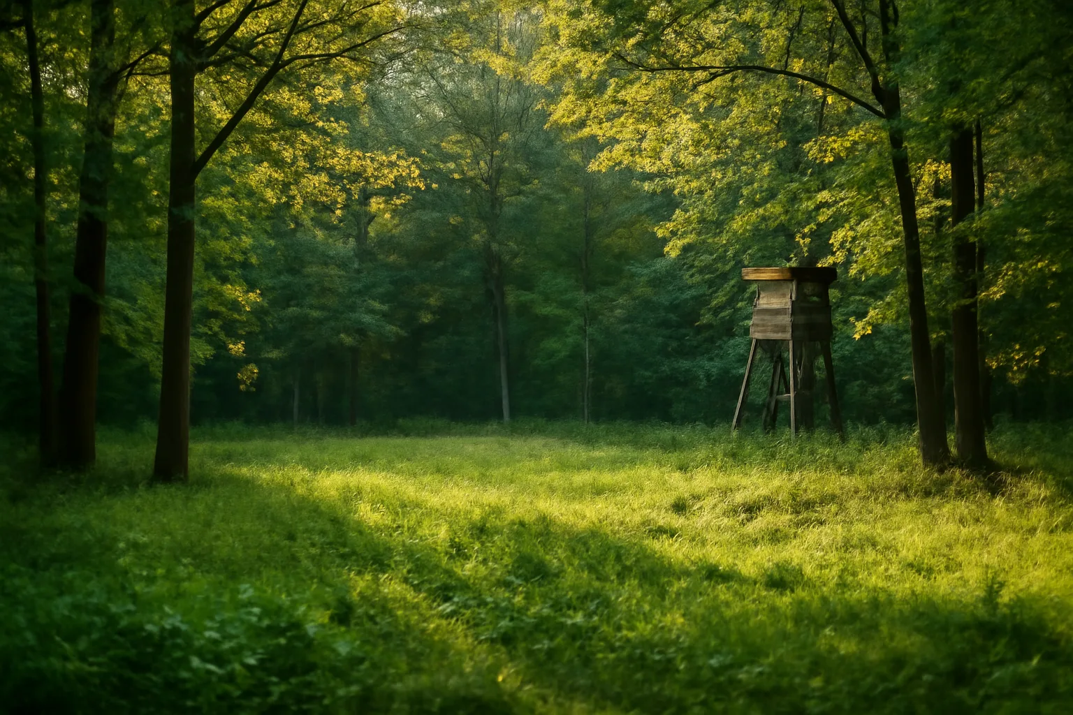 Small food plot in woods clearing surrounded by hardwood timber and dappled sunlight