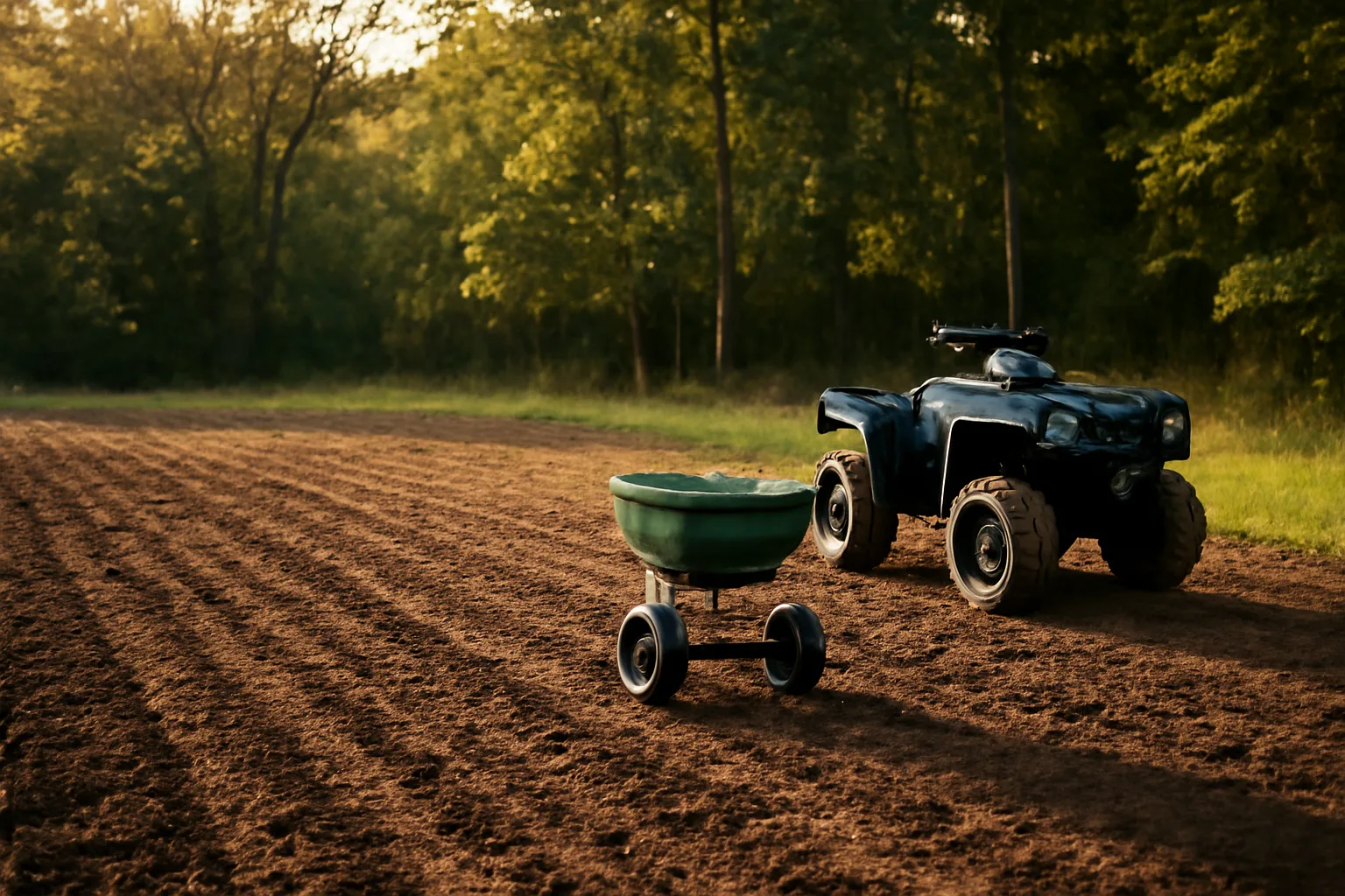Freshly tilled food plot in late summer light with spreader and ATV at edge