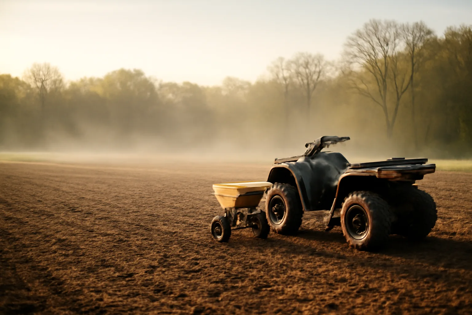 Freshly tilled spring food plot clearing with ATV and spreader at the wood line