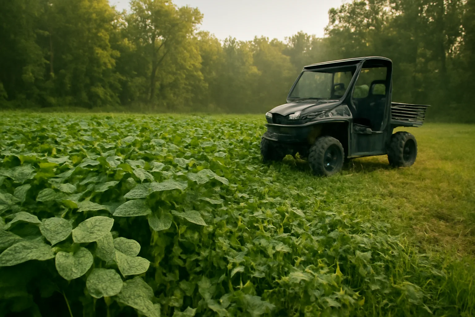Summer food plot of clover and soybeans bordering timber at sunrise
