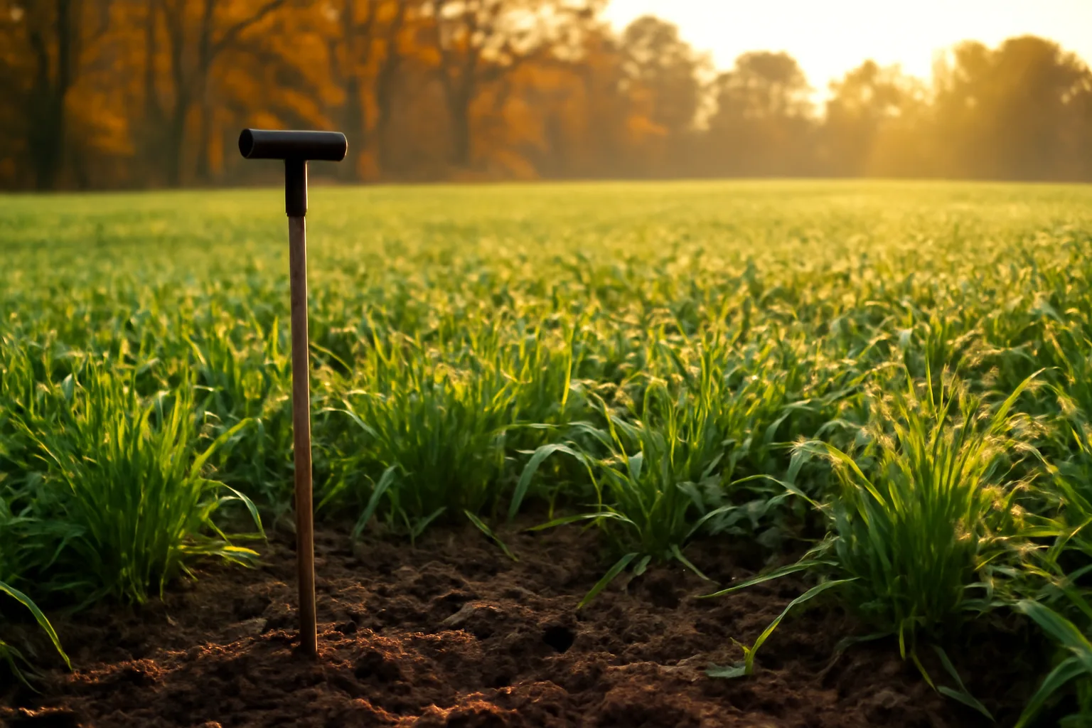 Cereal grain food plot at dusk with soil probe in freshly tilled earth