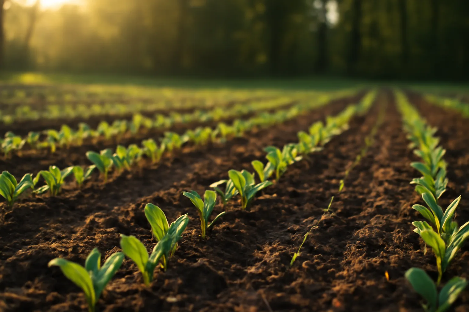 Freshly planted green cover food plot seed rows emerging at field edge in golden light