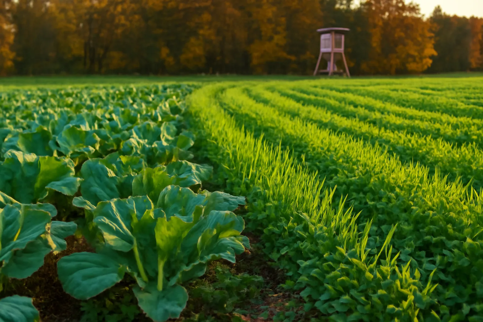 Green cover food plot with mixed clover, oats, and brassica rows at field edge