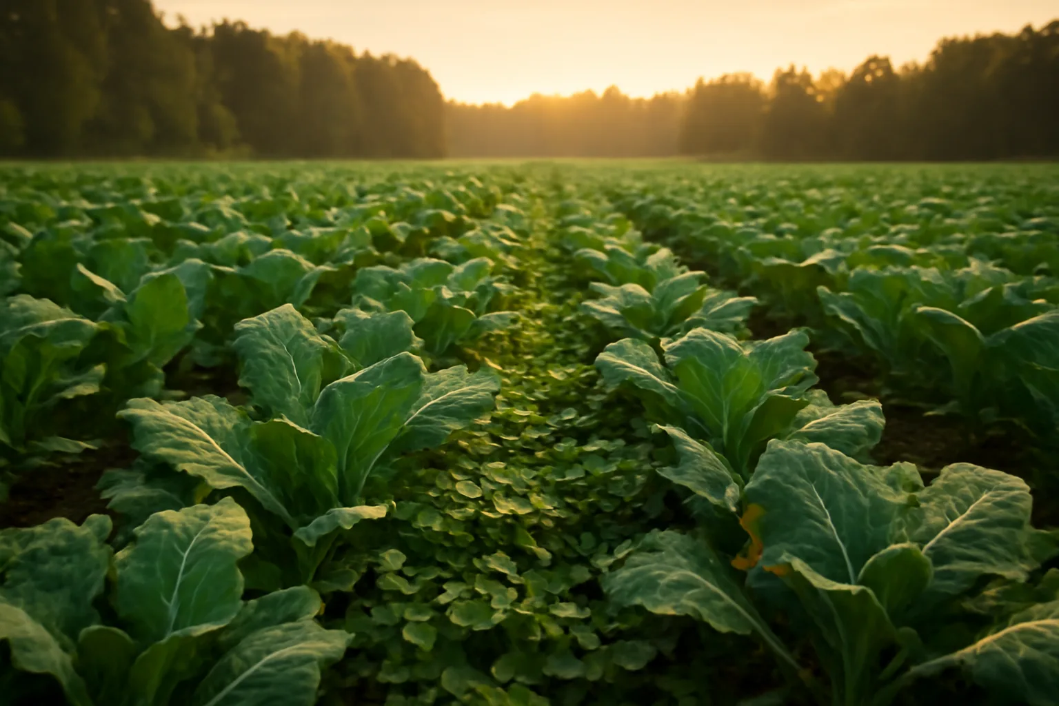 Green cover seed food plot field with clover and brassicas at golden hour