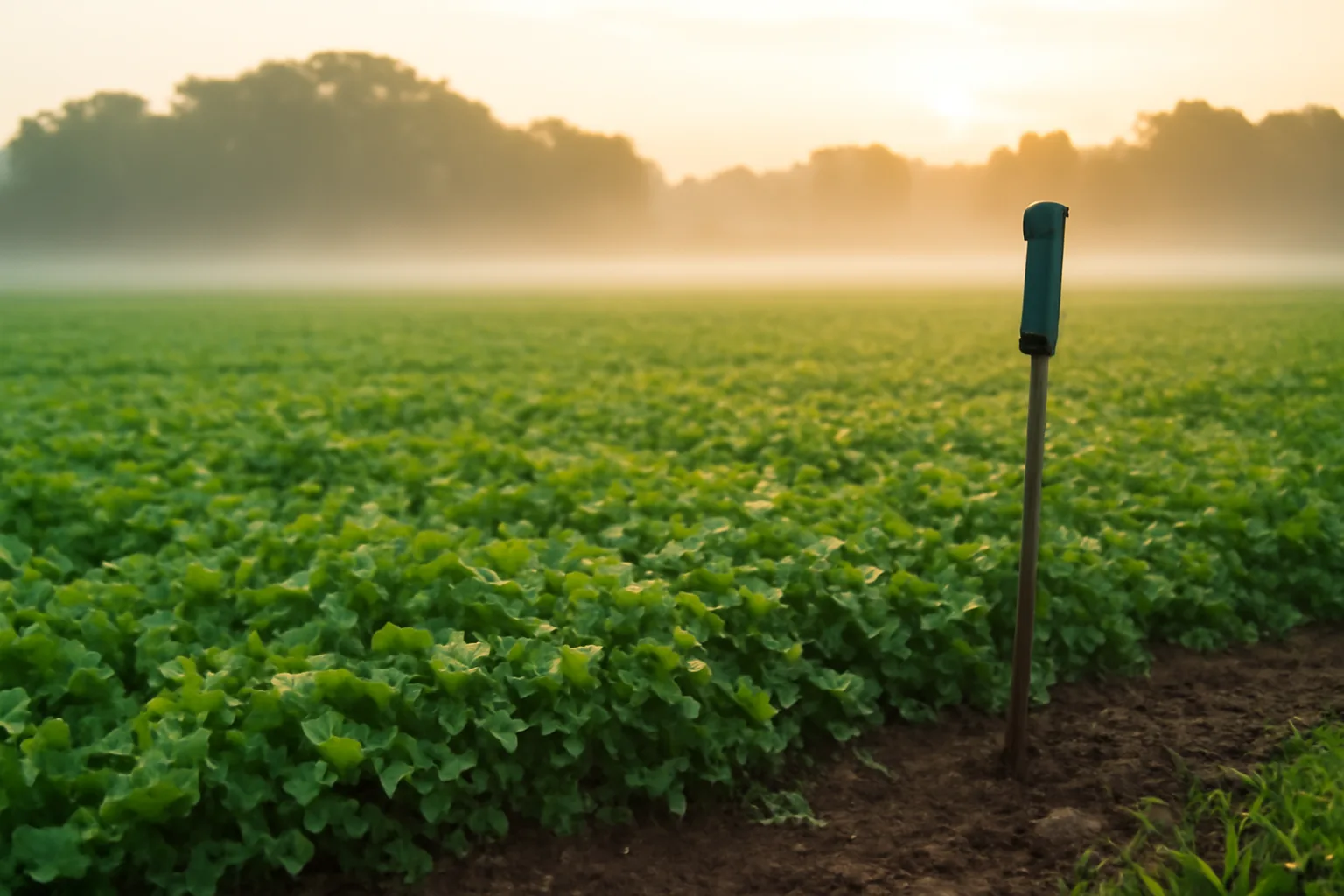 Green clover food plot for deer at sunrise with morning fog near tree line
