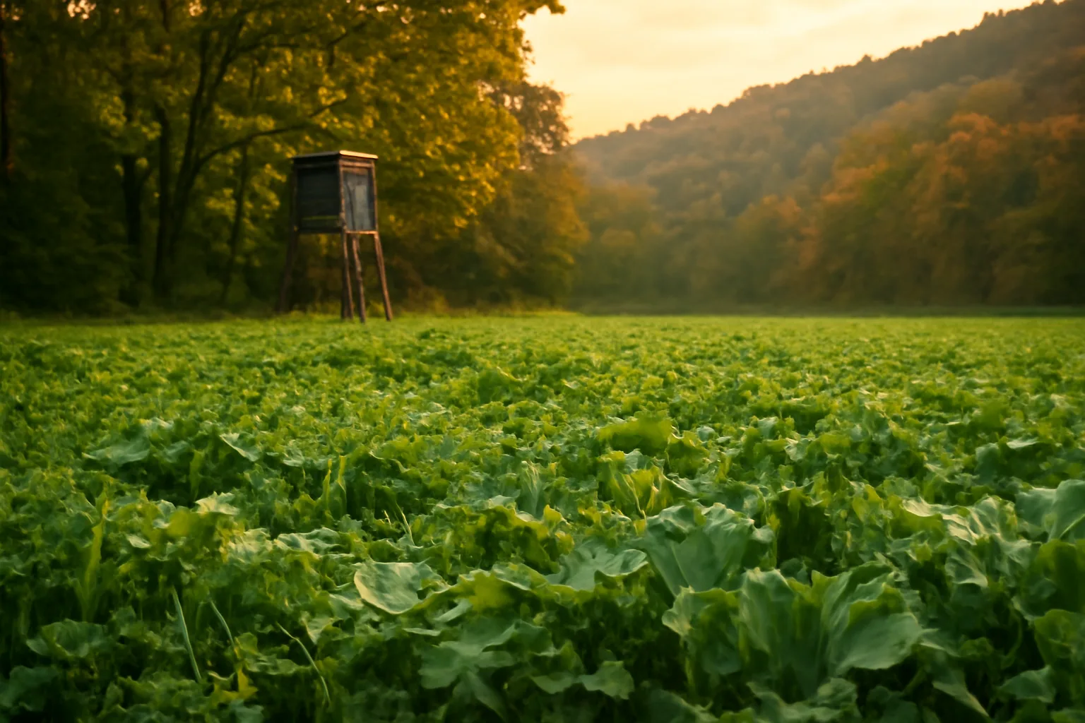 Food plot of clover and brassicas bordered by autumn hardwoods at dusk
