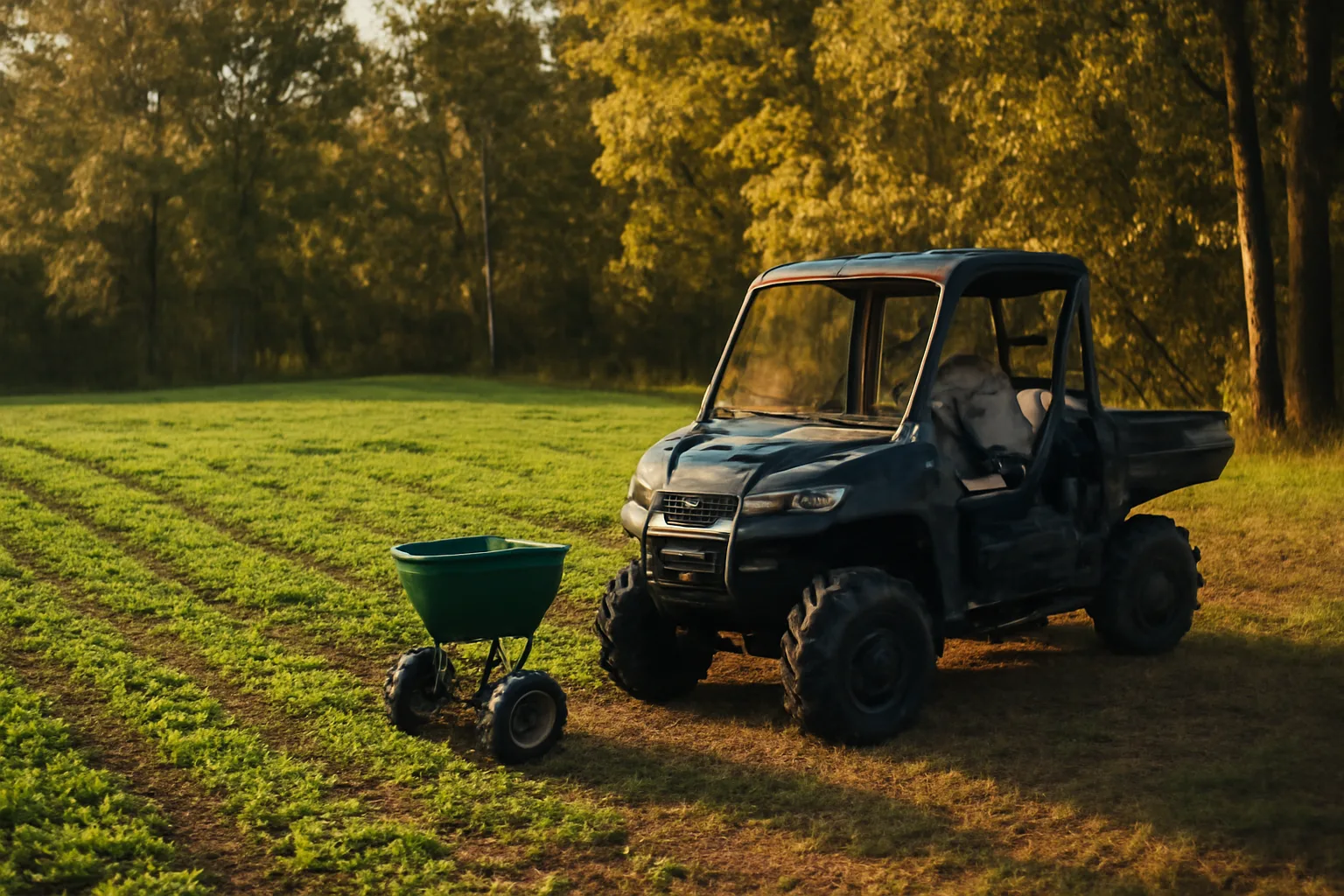 Small green food plot bordered by autumn hardwoods with a UTV parked nearby