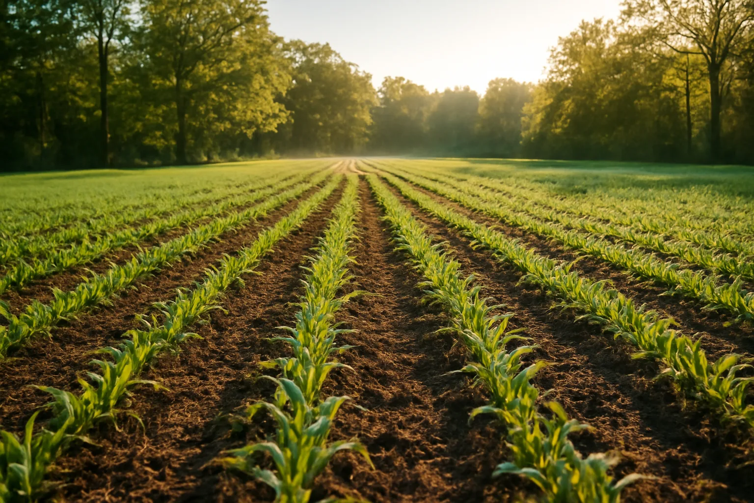 Young green food plot rows growing at the edge of a hardwood tree line in morning light