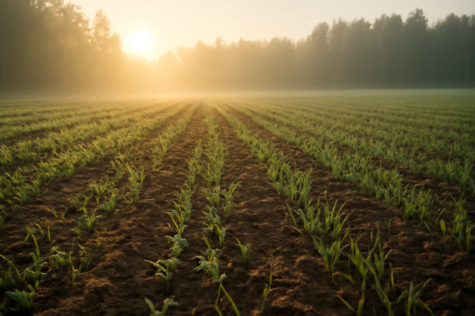 Young green food plot rows growing at a forest field edge in morning light