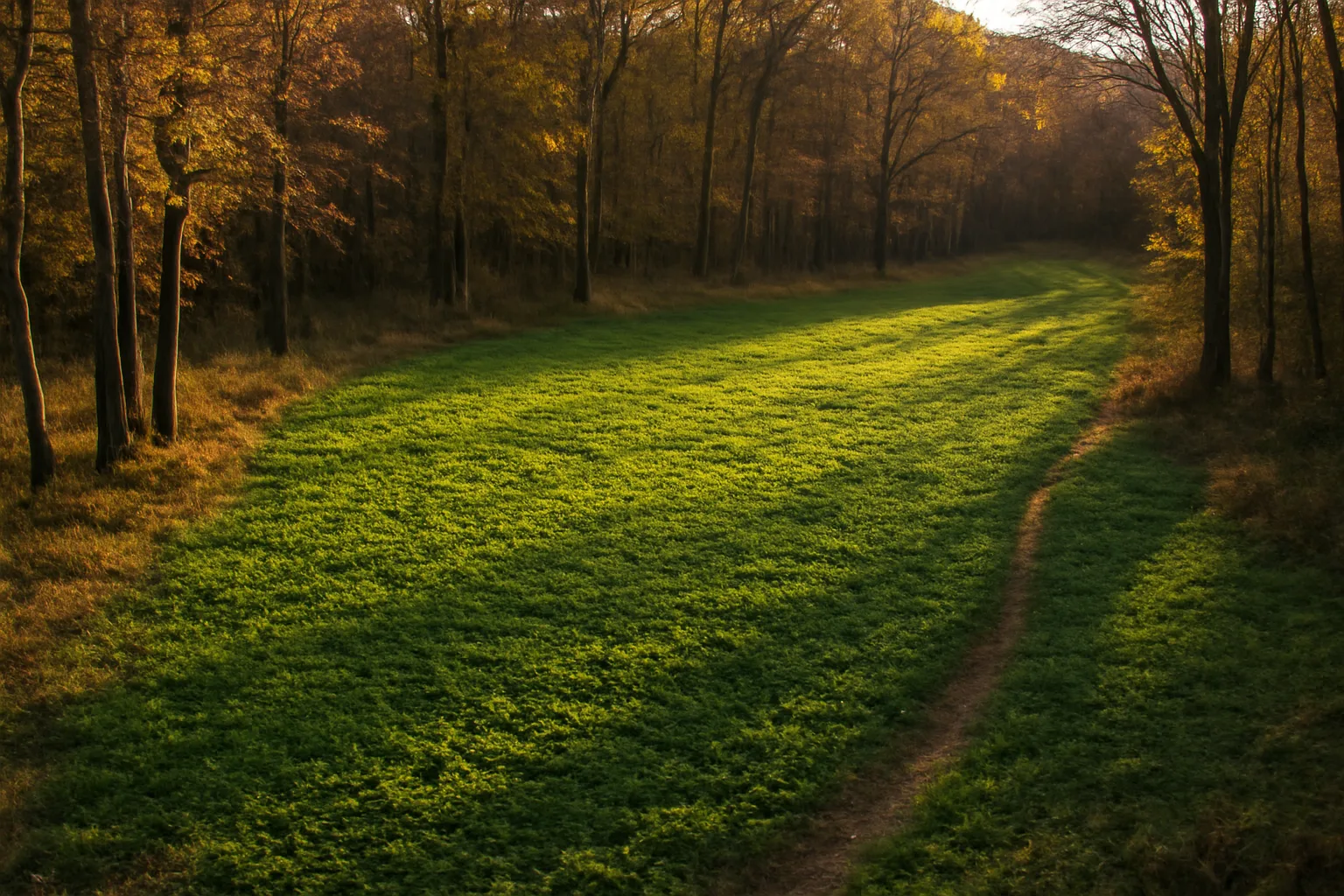 Small green food plot for deer carved into a forest edge at sunset