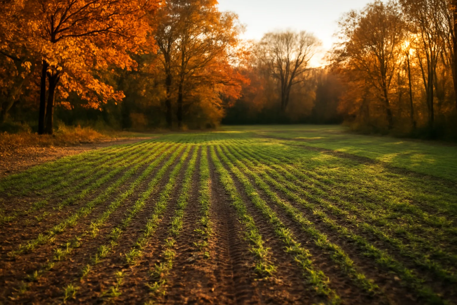 Small one acre food plot clearing planted with clover bordered by autumn hardwood forest