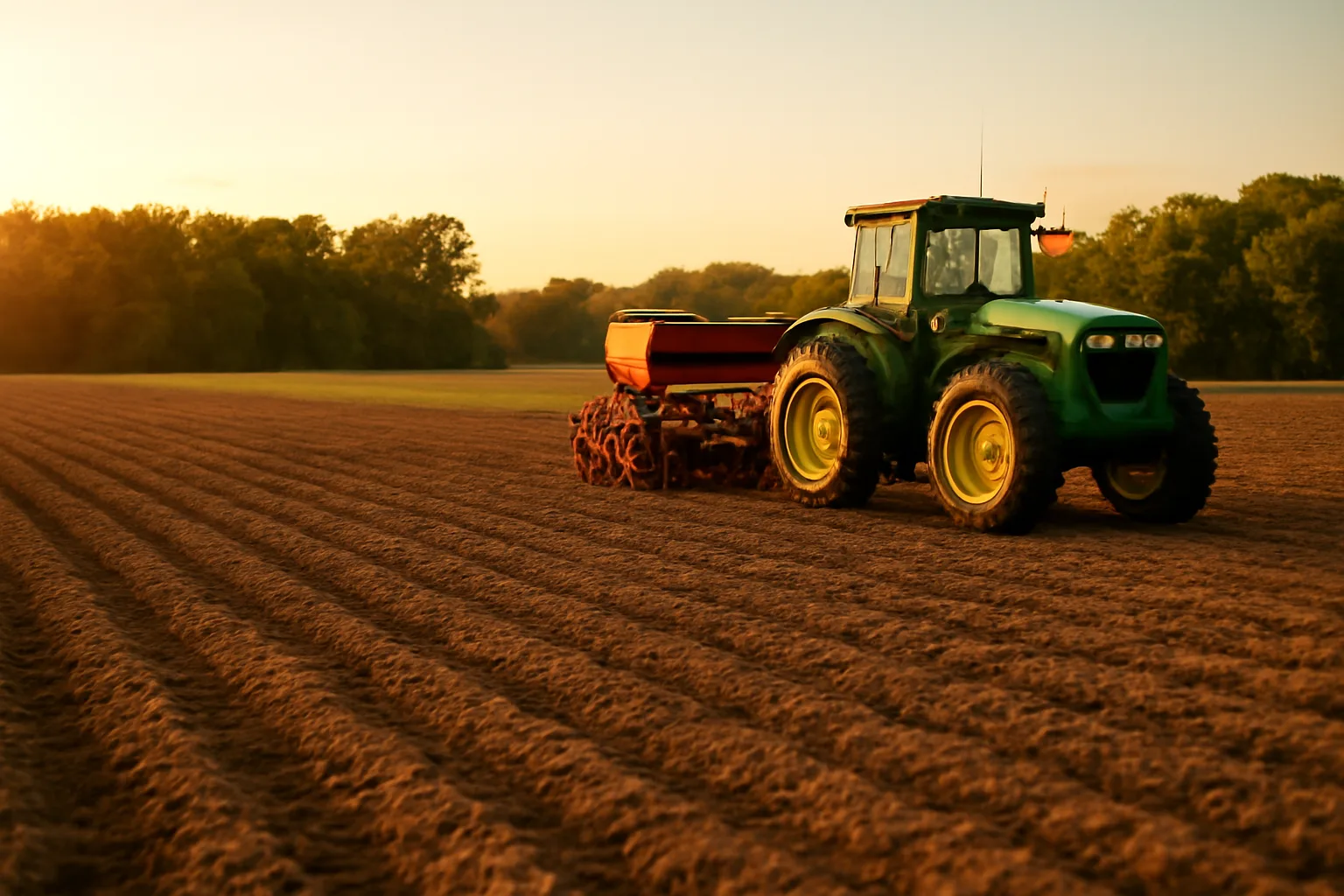Grain drill in a freshly planted wheat food plot at sunset