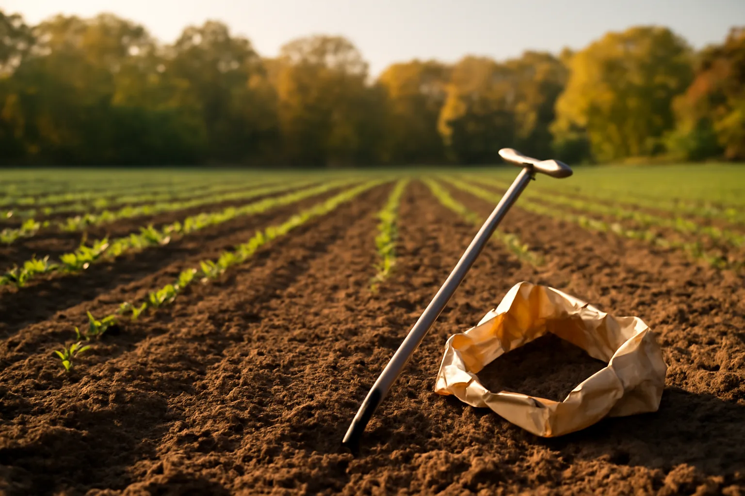 Soil sample bag and probe on freshly tilled food plot soil at dusk