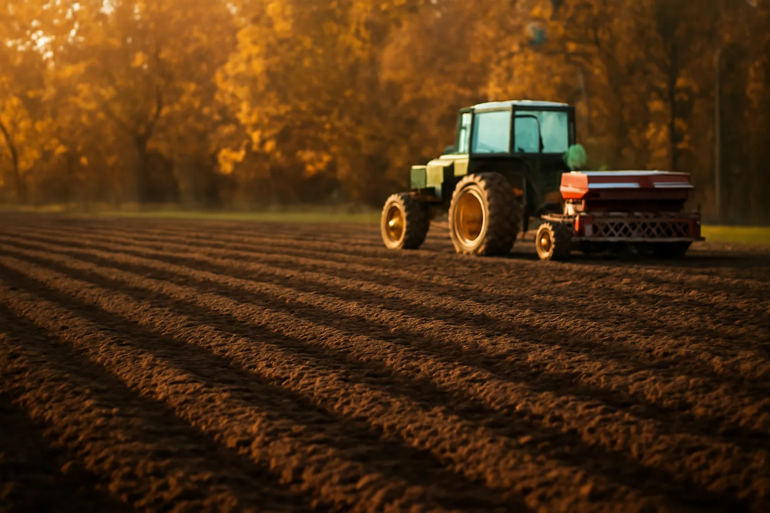 Freshly seeded food plot field with drill rows and tree line at dusk