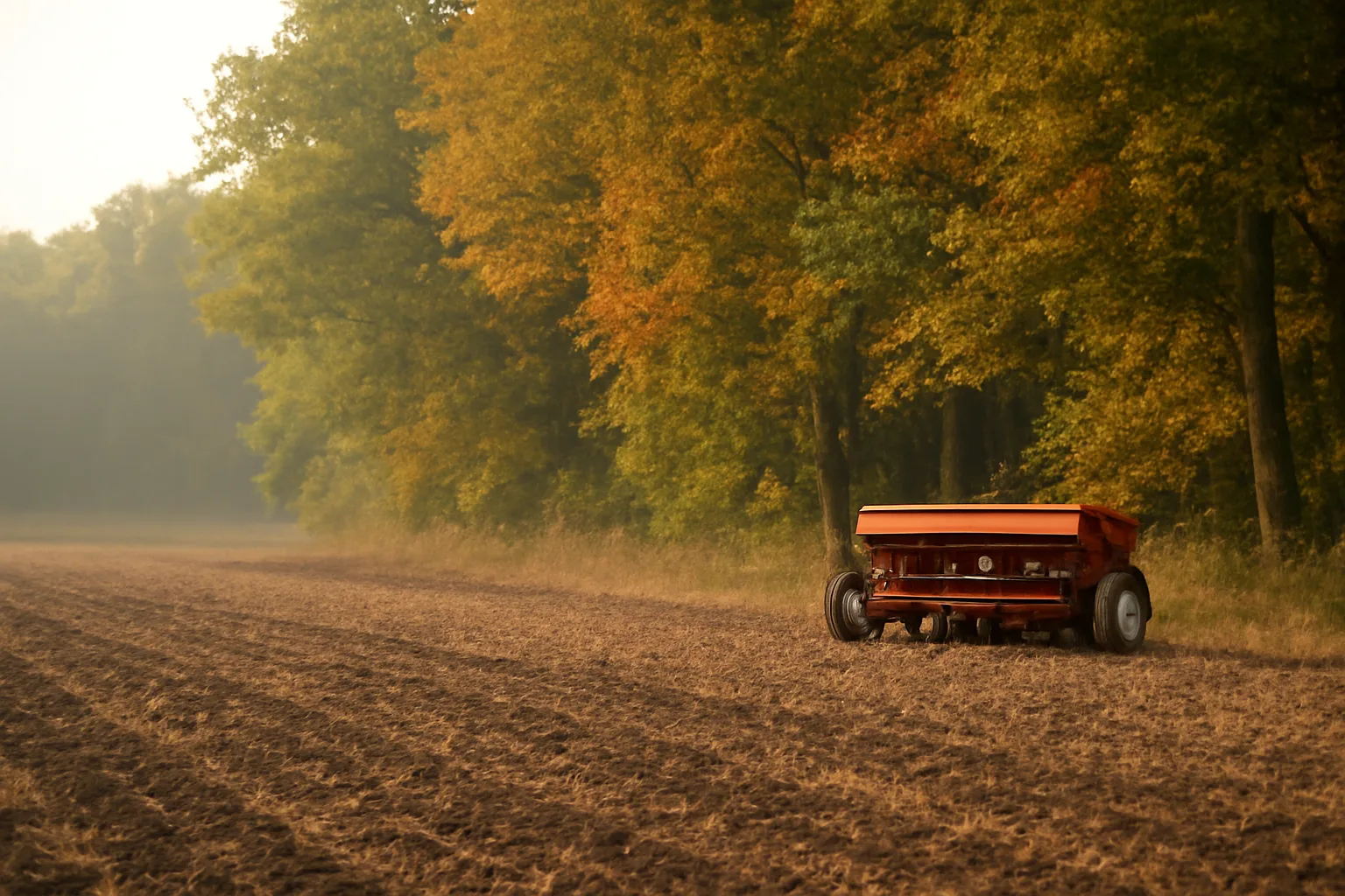 Tractor and grain drill beside a freshly planted oat food plot at dusk