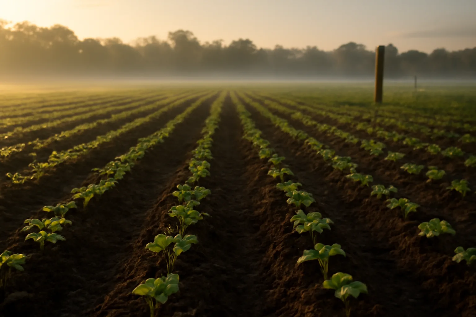 Freshly planted food plot with moist soil rows at dawn after rain