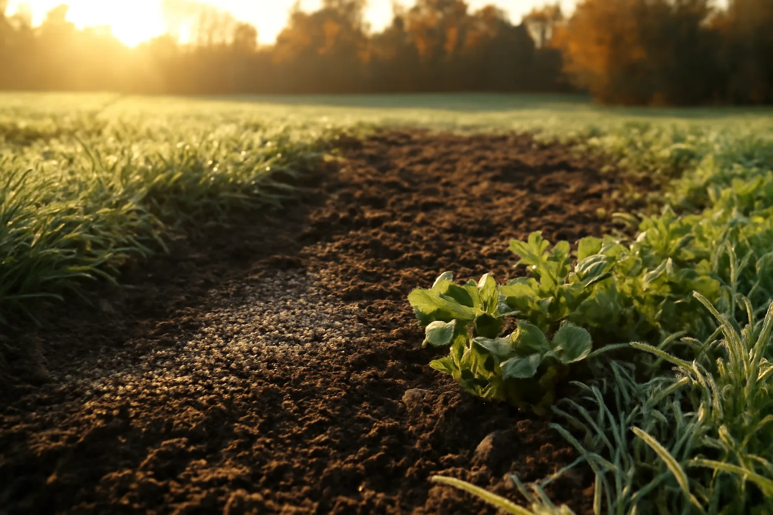 Morning light on a food plot with fertilizer spread across young clover growth