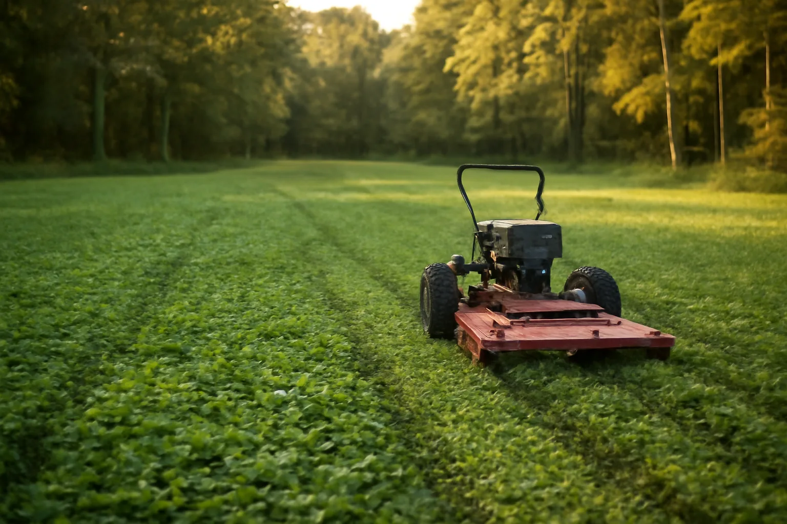Rotary mower cutting swaths through a green clover food plot at dusk