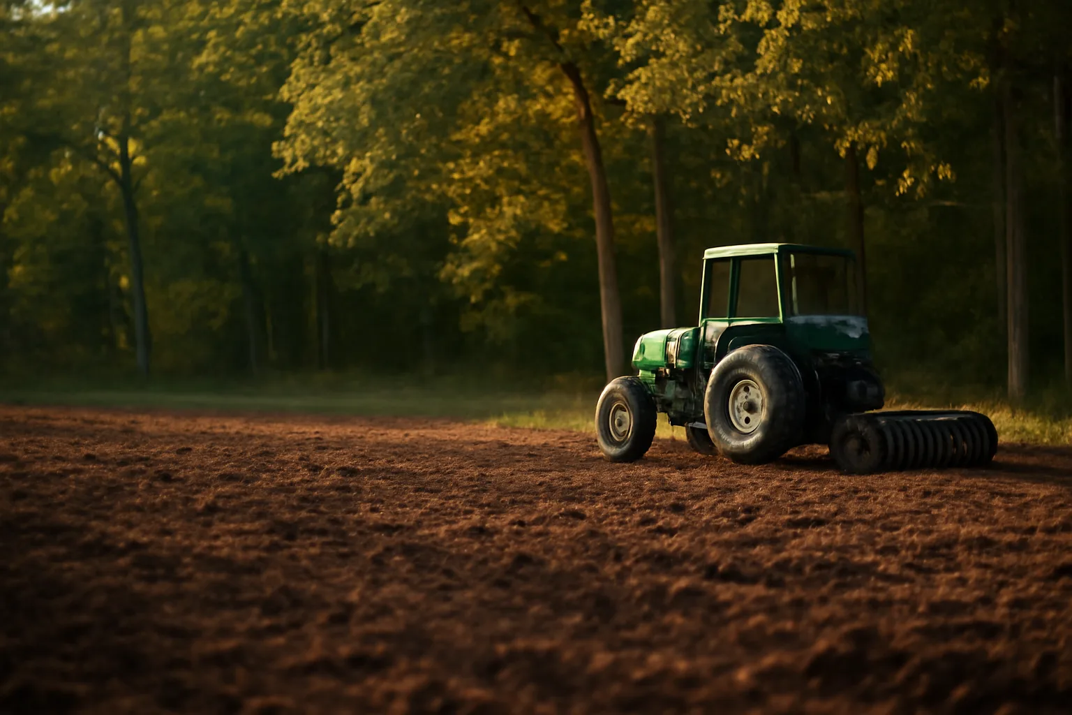 Freshly tilled food plot clearing at forest edge with tractor and cultipacker at dusk