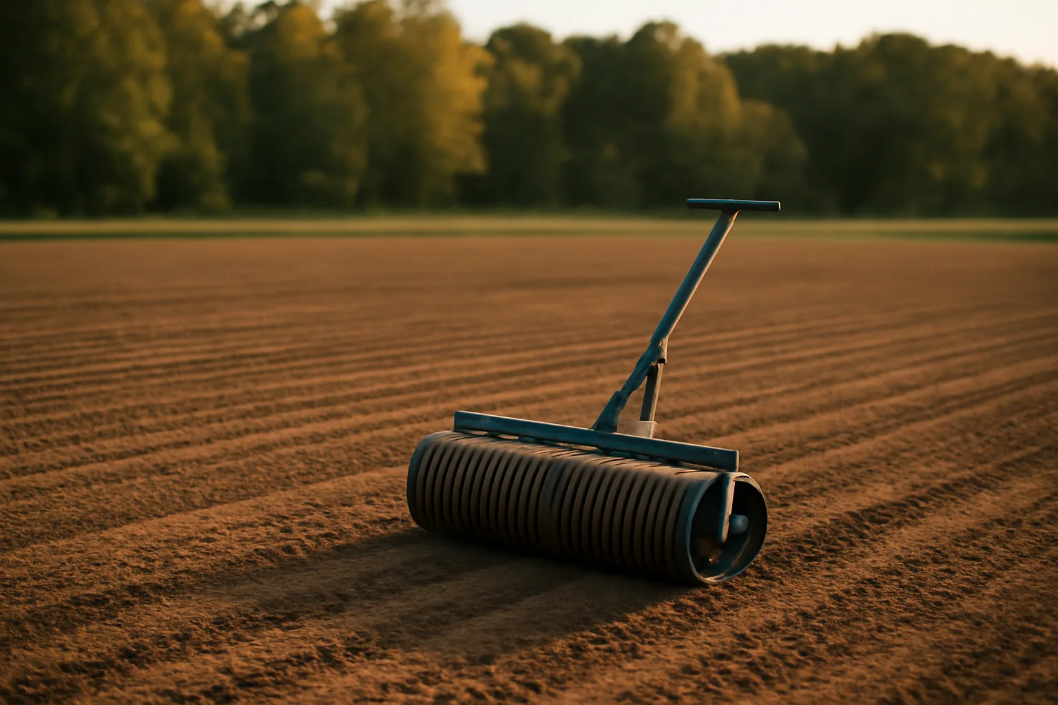 Cultipacker rolling firm soil over freshly planted food plot seed at dusk