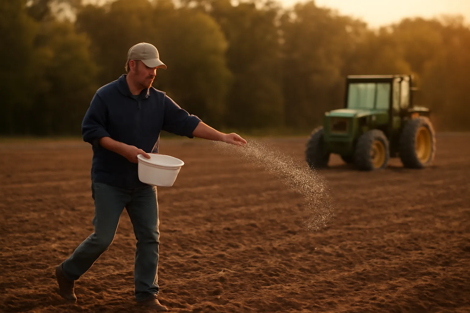 Farmer hand-spreading fertilizer across a freshly tilled food plot at sunset