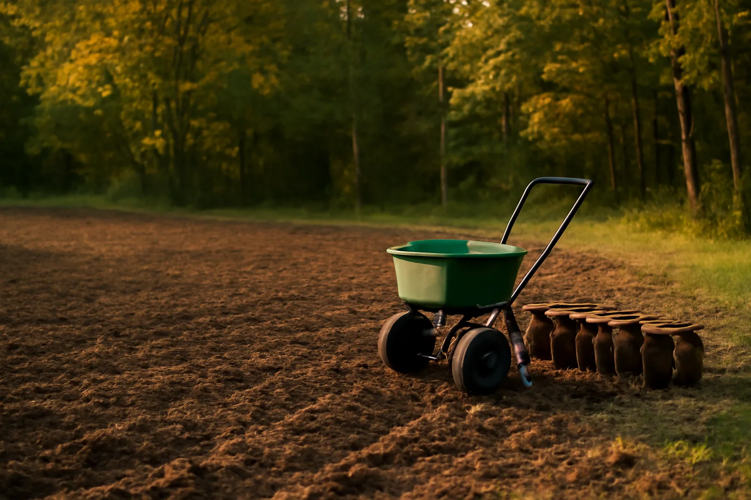 Freshly tilled deer food plot at forest edge with disc harrow equipment in late afternoon light