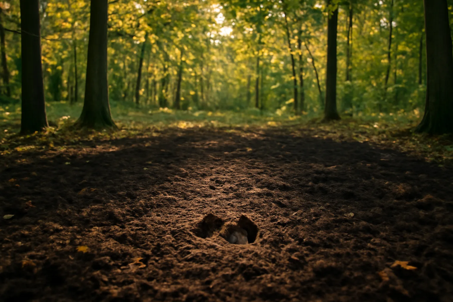 Small cleared food plot inside hardwood timber with dappled sunlight on tilled soil