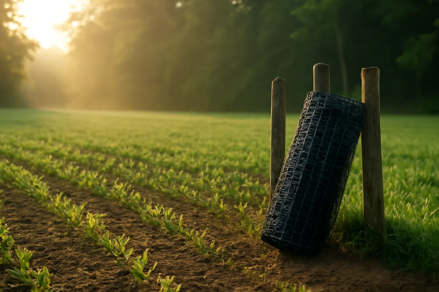 Poly mesh exclosure fencing being installed around a young food plot at dawn