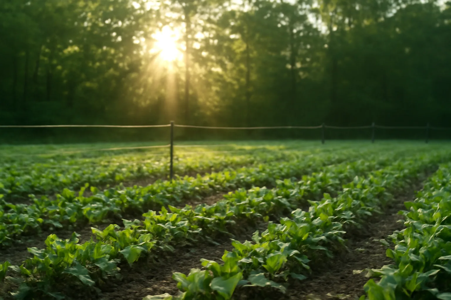 temporary poly-wire fence protecting a young food plot at dawn