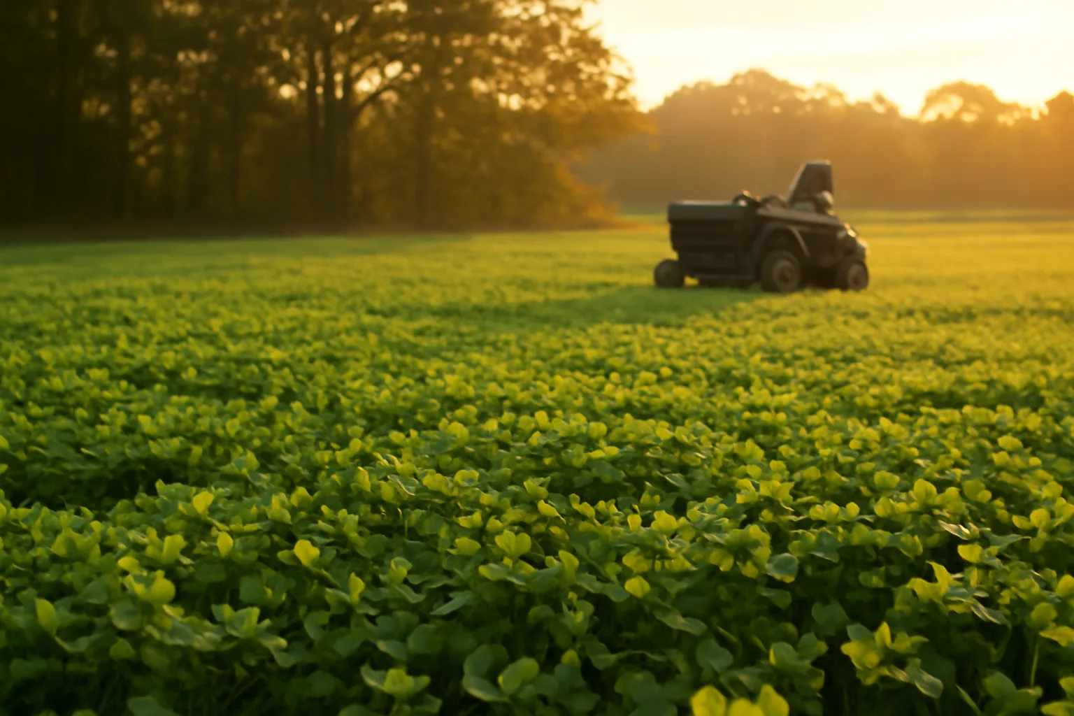 Golden hour view of a mowed clover food plot bordered by autumn hardwoods
