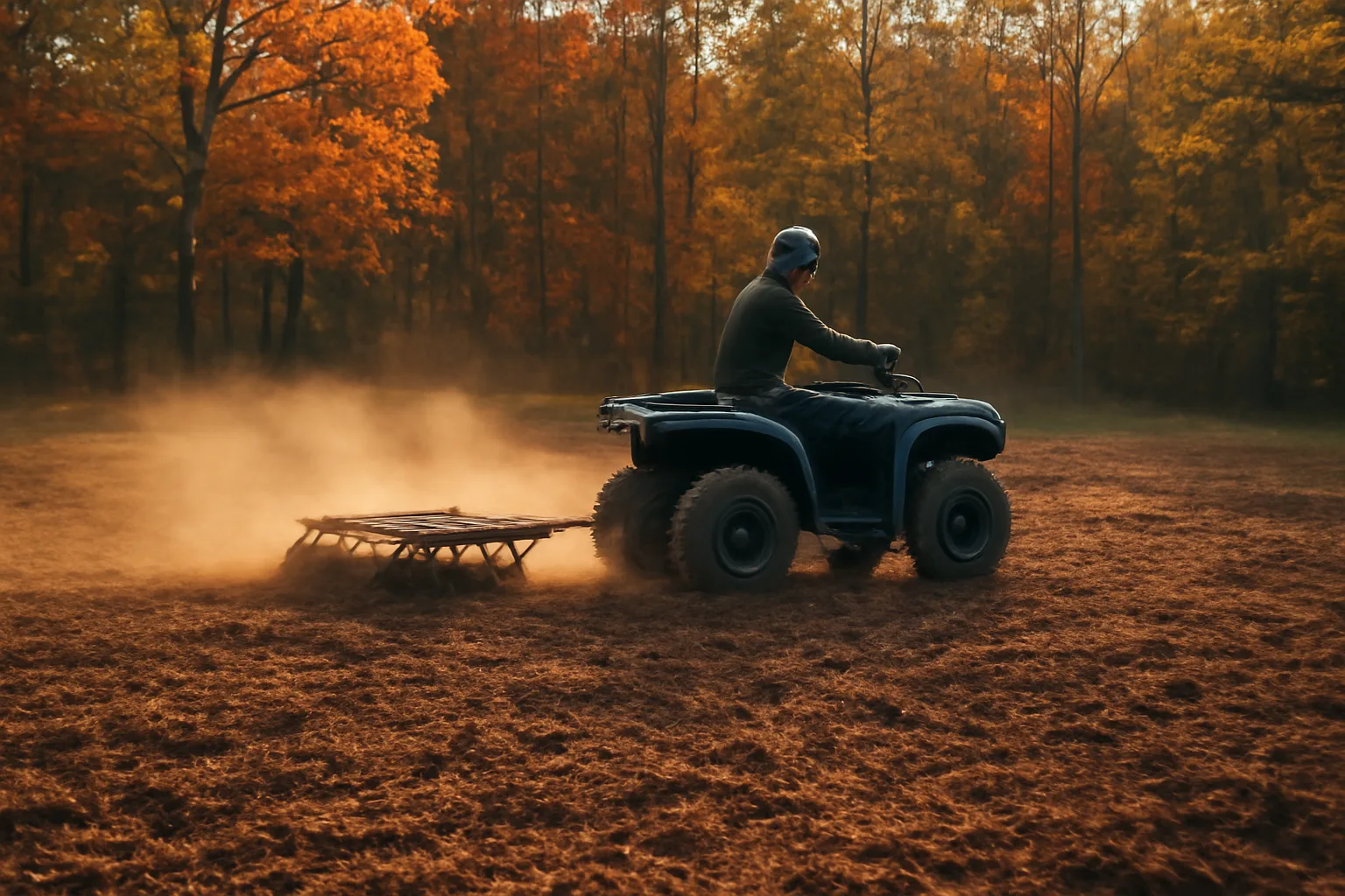 ATV pulling a disc harrow through a freshly tilled deer food plot clearing
